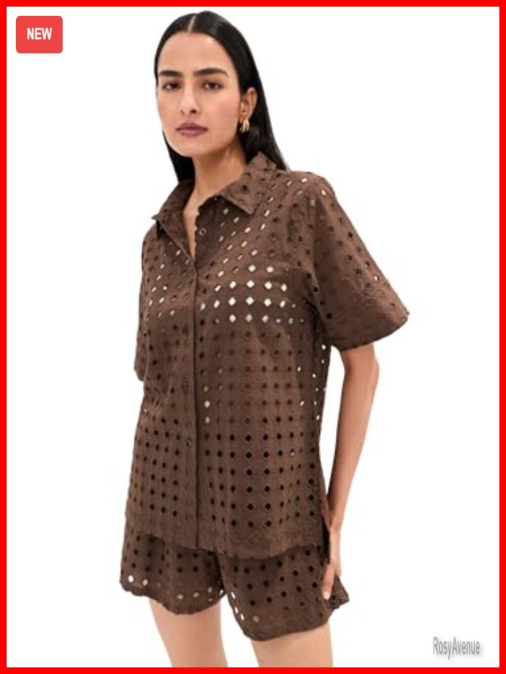 Lightweight Geometric Eyelet Collared Button Down Shirt